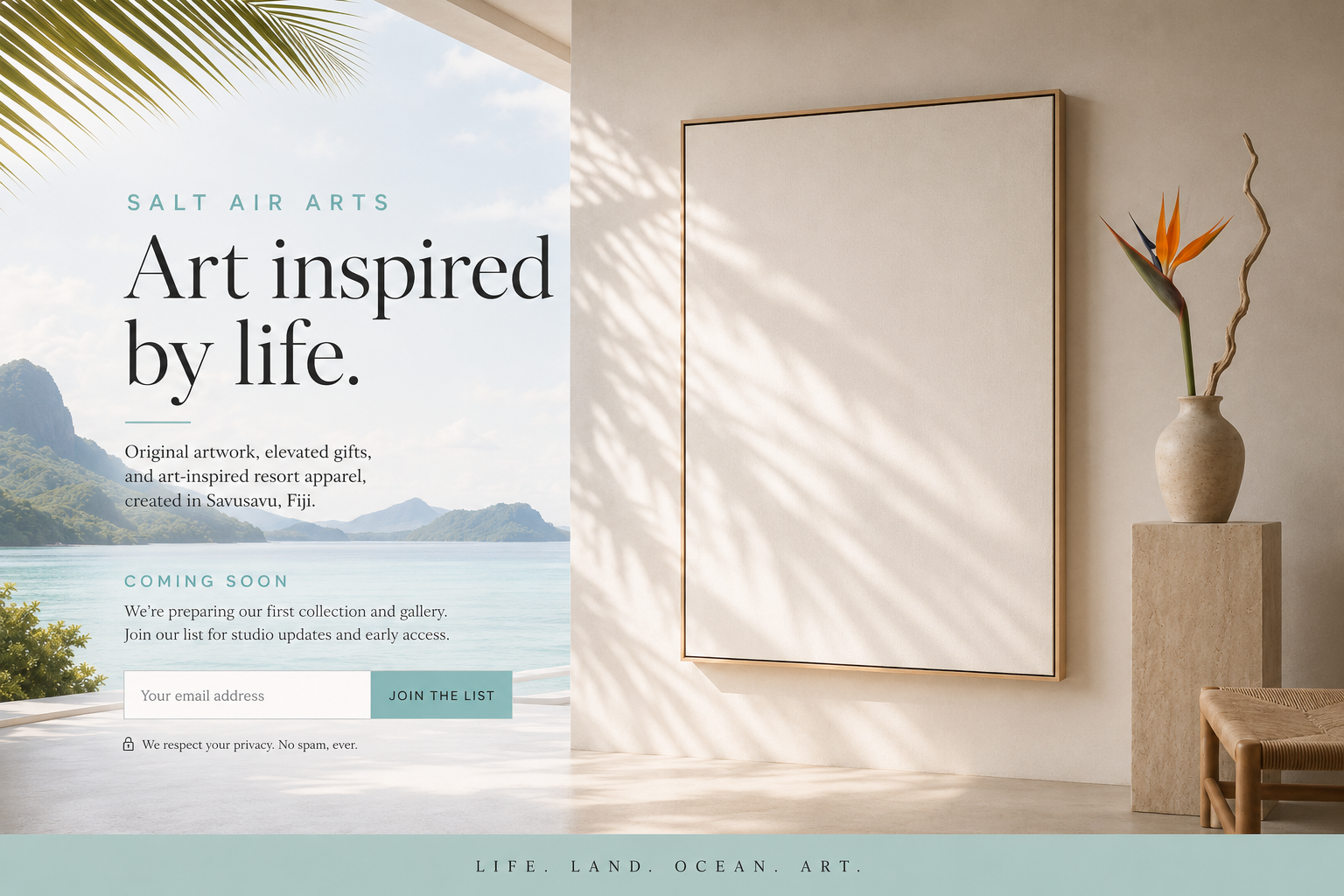 Salt Air Arts coming soon page showing a refined coastal gallery setting with blank canvas, ocean view, and a minimalist bird of paradise arrangement.